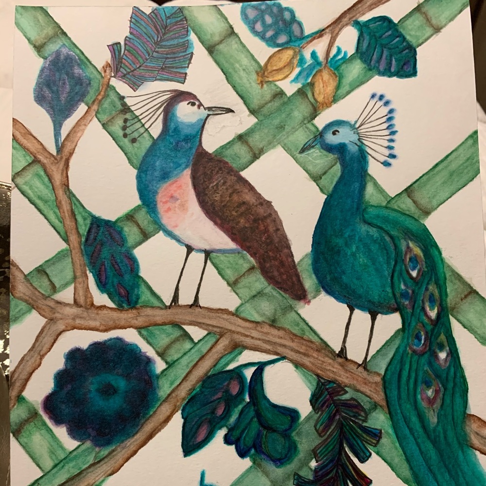Original watercolor painting male/ female peacocks